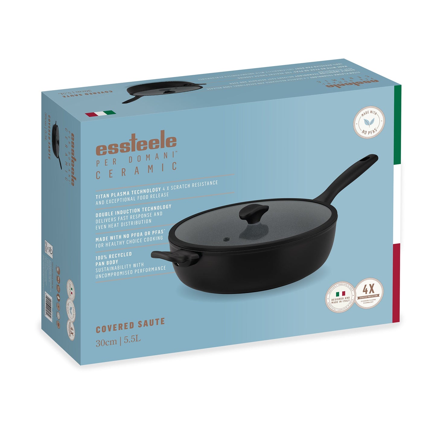 For braising and one-pot meals – ceramic nonstick coated aluminium – Essteele Per Domani Ceramic Induction Covered Sauté with Helper Handle 30cm/5.5L