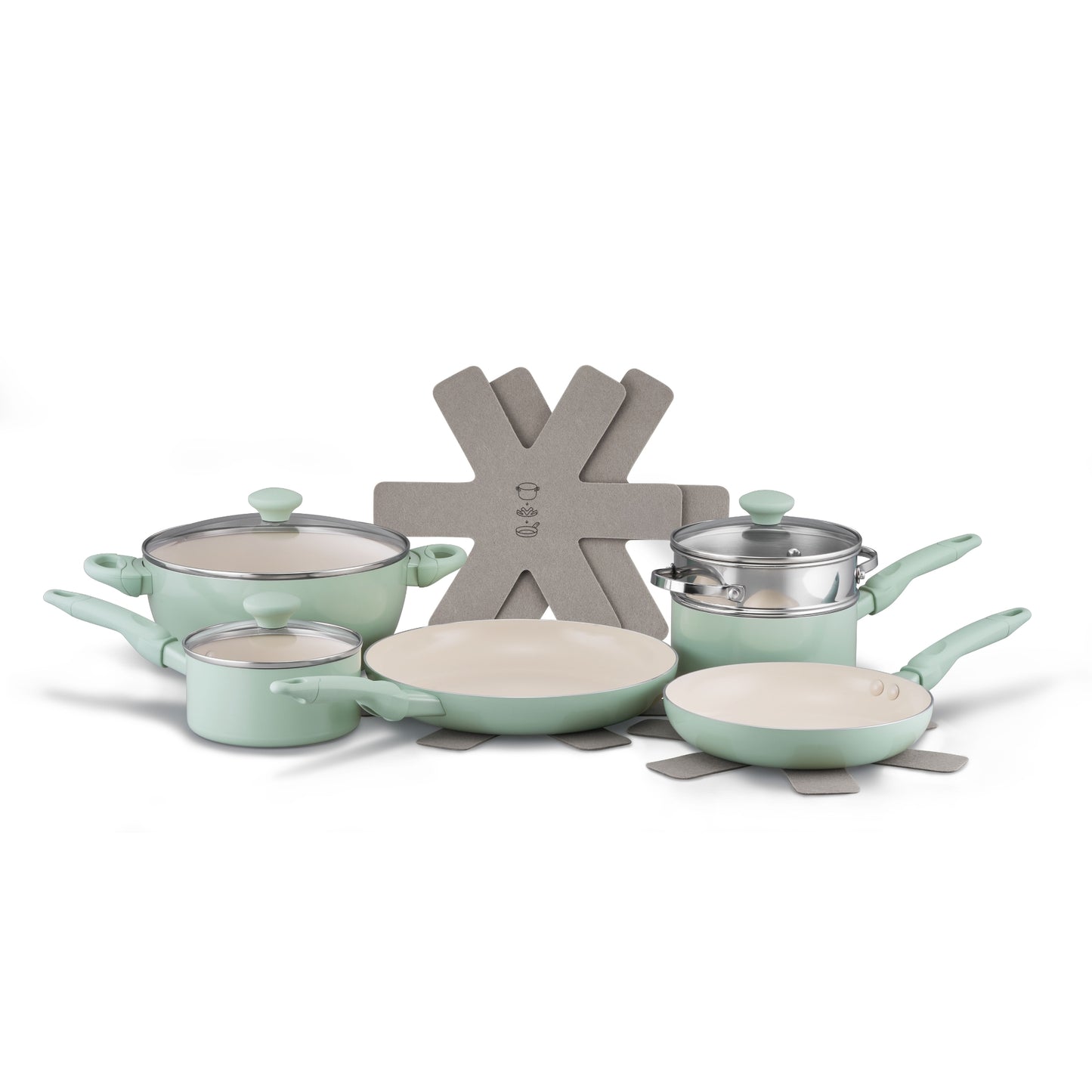 RACO SmartStart Ceramic Nonstick Induction 6 Piece Cookware Set With Pan Protectors Lichen