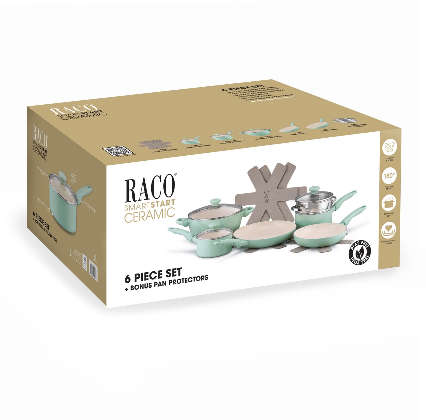 RACO SmartStart Ceramic Nonstick Induction 6 Piece Cookware Set With Pan Protectors Lichen