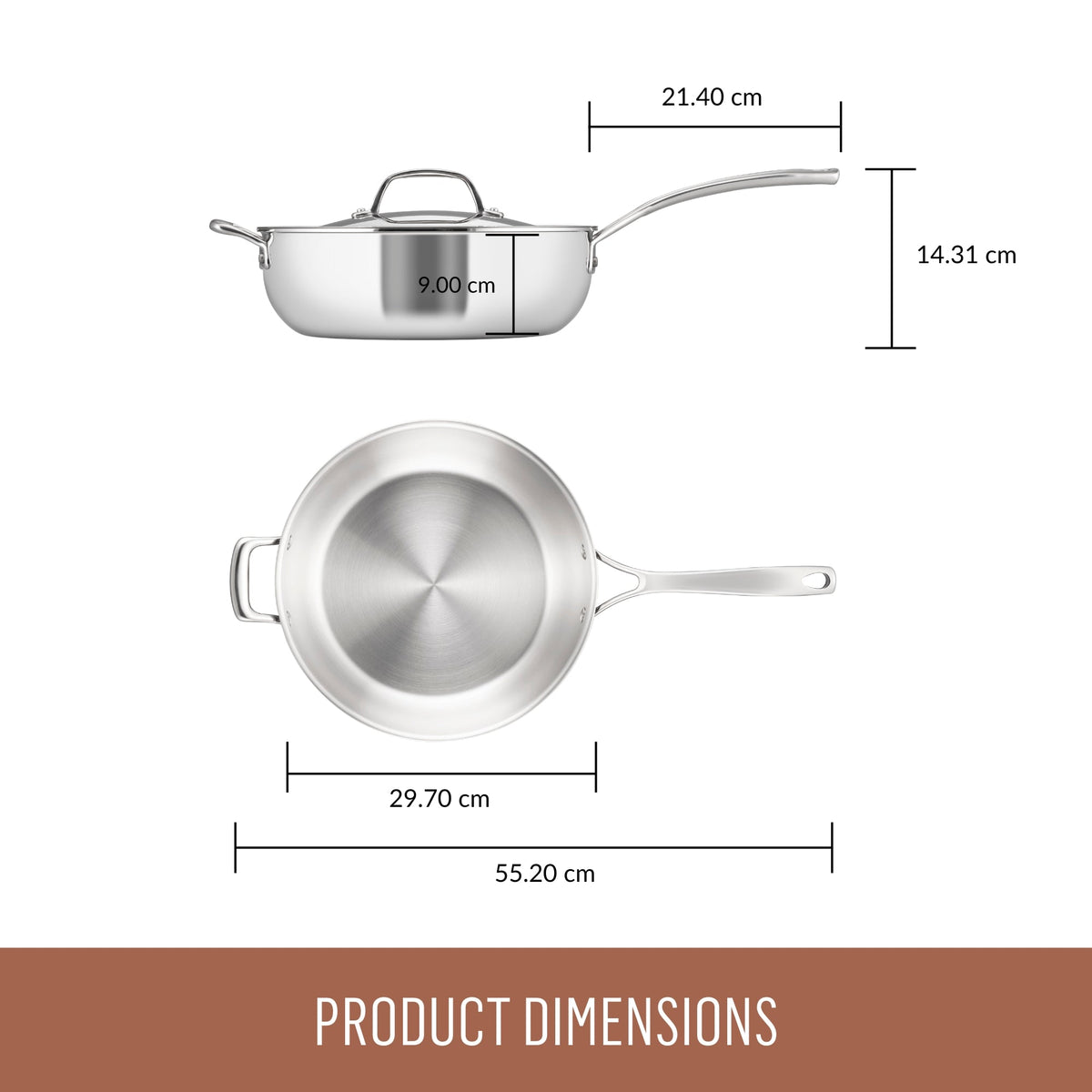 For searing, braising and all-purpose cooking – tri-ply clad stainless steel – Essteele Eternità Stainless Steel Induction Covered Chefs Pan with Helper Handle 28cm