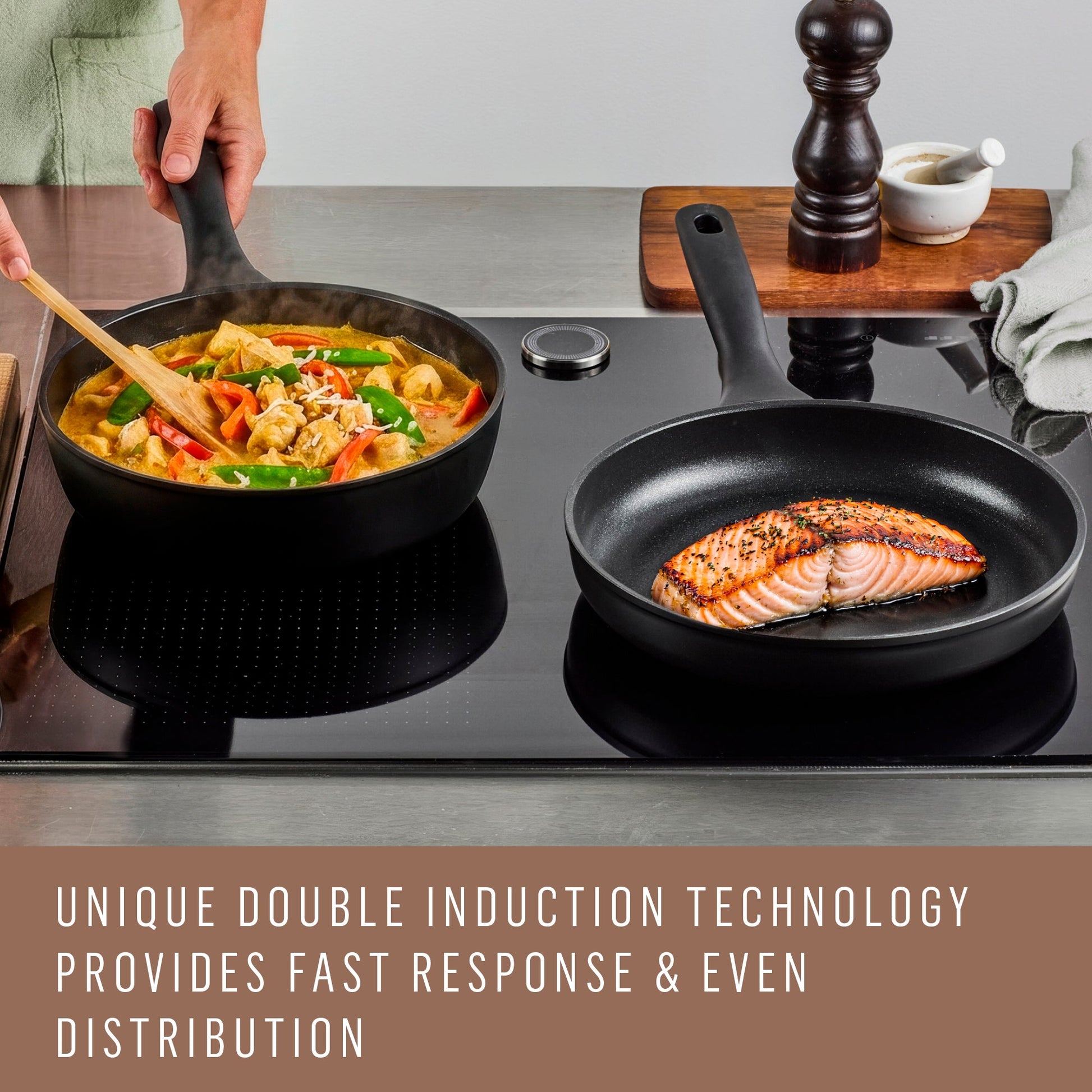 Styled lifestyle shot: For braising and one-pot meals – ceramic nonstick coated aluminium – Essteele Per Domani Ceramic Induction Covered Sautéuse 28cm/4L