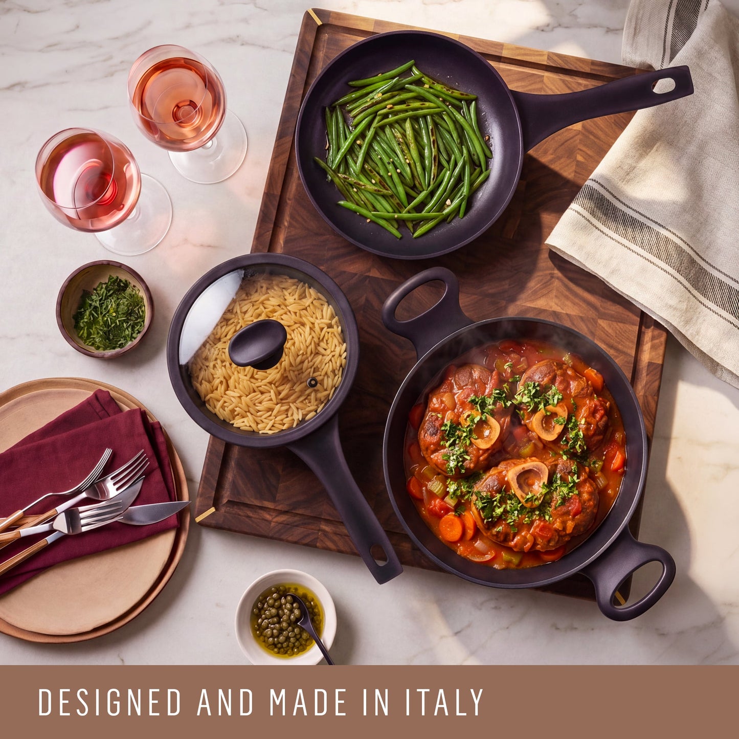 Size and scale view: For braising and one-pot meals – ceramic nonstick coated aluminium – Essteele Per Domani Ceramic Induction Covered Sautéuse 28cm/4L