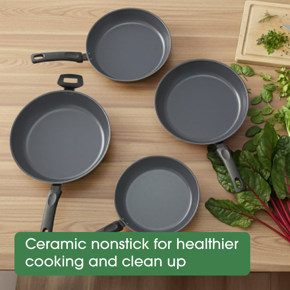 Styled lifestyle shot: For searing, frying and everyday cooking – ceramic-coated aluminium – RACO Ceramic Essentials Induction Deep Open Frypan 24cm