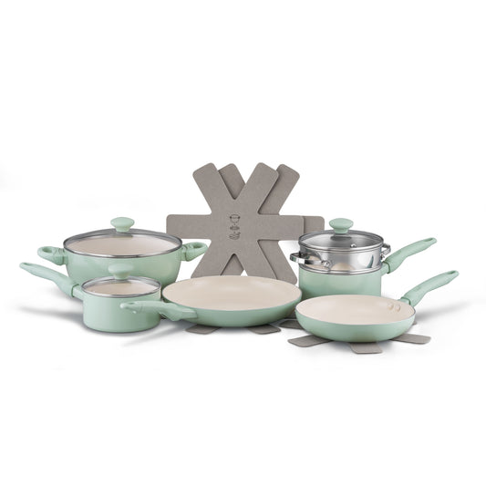 RACO SmartStart Ceramic Nonstick Induction 6 Piece Cookware Set With Pan Protectors Lichen