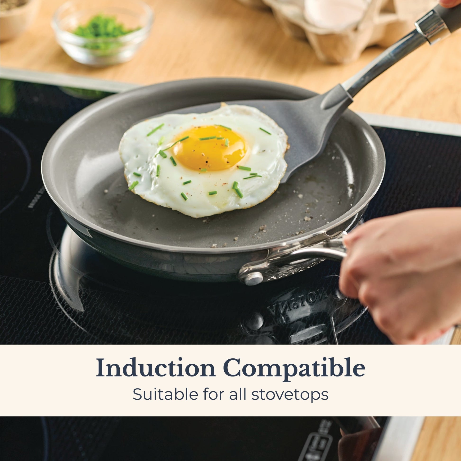 Styled lifestyle shot: for searing, frying and everyday cooking – stainless steel – Anolon EverLast Ceramic Stainless Steel Induction Open Frypan 21.5cm