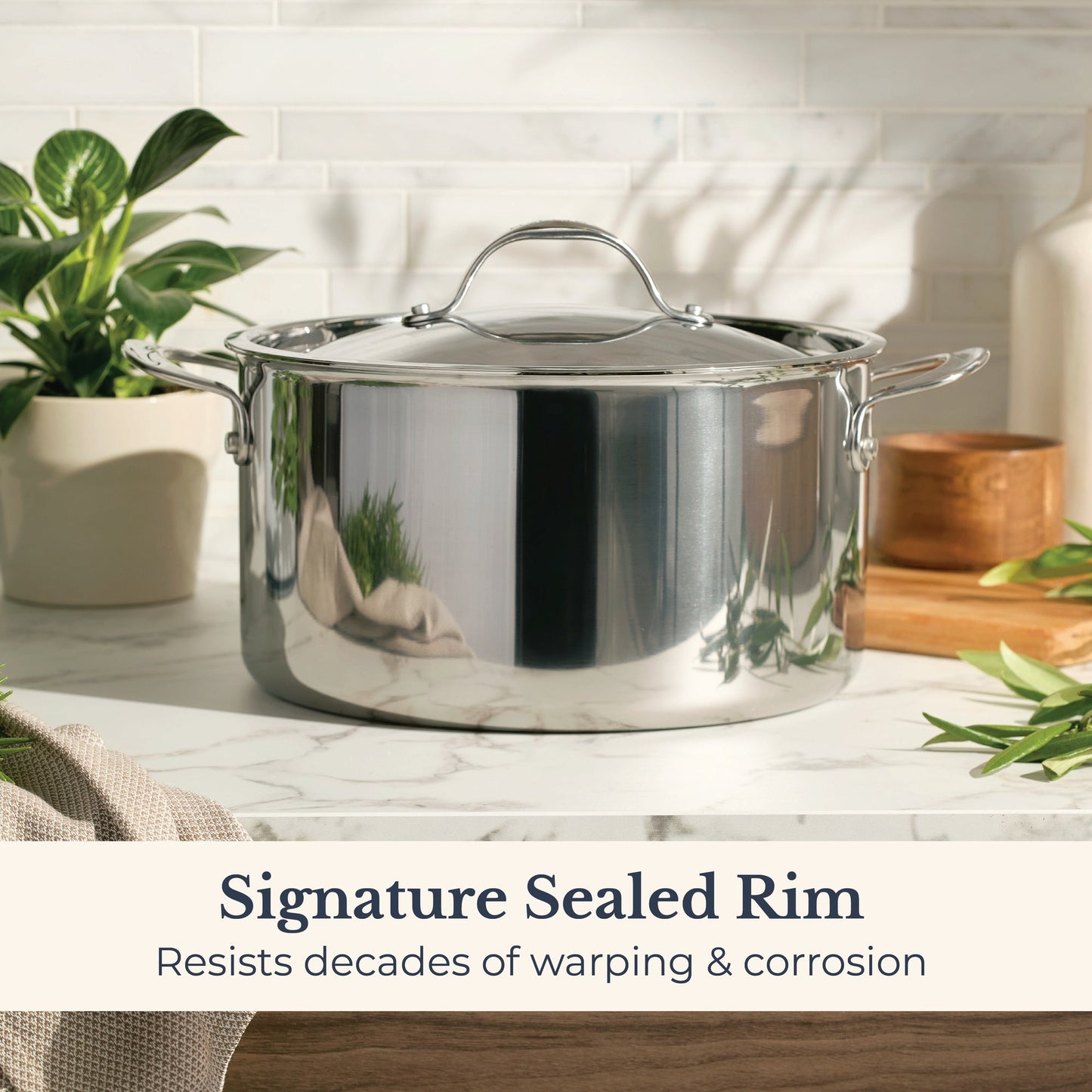 Styled lifestyle shot: for soups, stocks and pasta – tri-ply clad stainless steel – Anolon EverLast Tri-Ply Clad Stainless Steel Induction Covered Stockpot...
