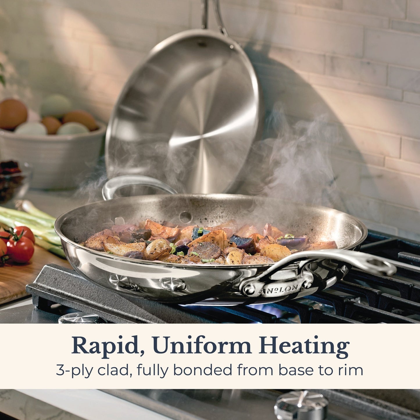 Close-up finish detail: for searing, frying and everyday cooking – tri-ply clad stainless steel – Anolon EverLast Tri-Ply Clad Stainless Steel Induction...