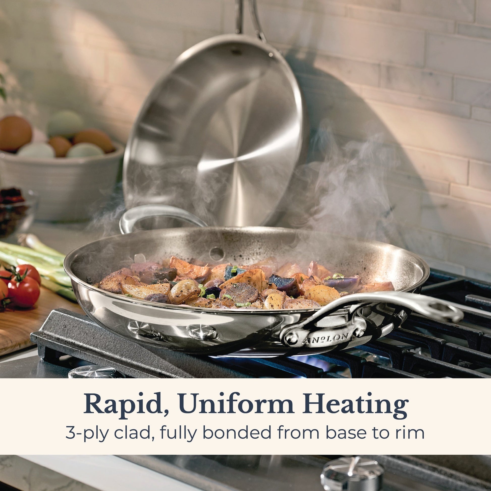 Close-up finish detail: for searing, frying and everyday cooking – tri-ply clad stainless steel – Anolon EverLast Tri-Ply Clad Stainless Steel Induction...