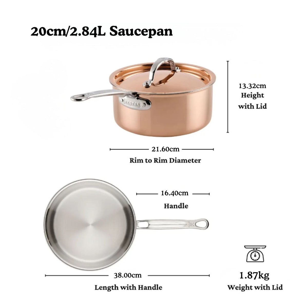 Styled lifestyle shot: for sauces, reductions and grains – copper clad stainless steel – Hestan CopperBond Aura Copper...