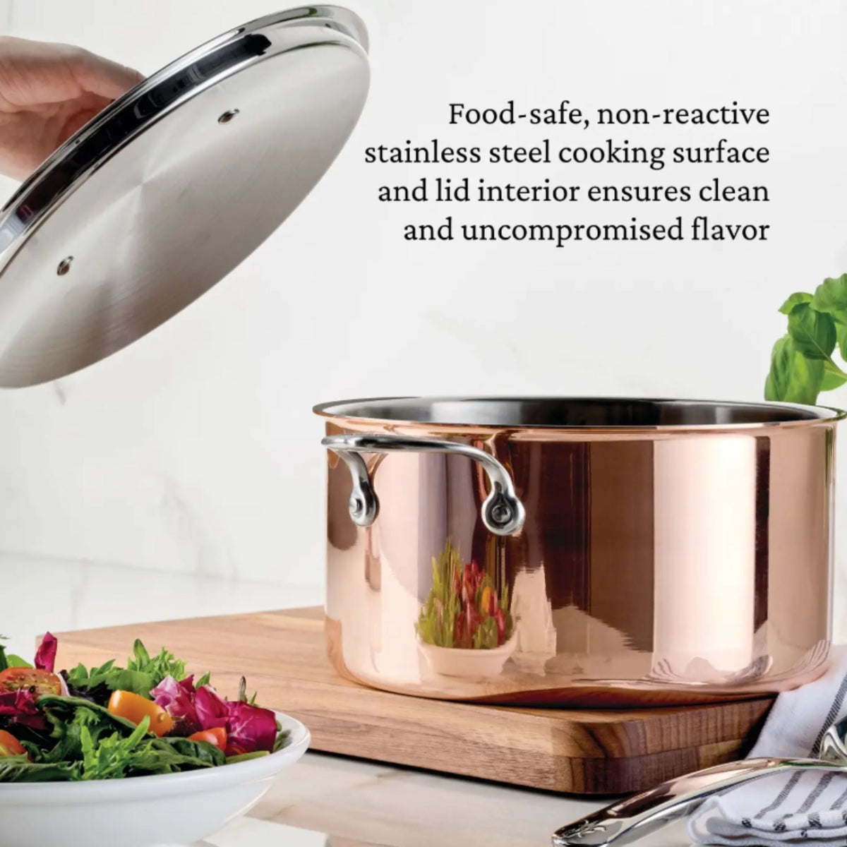 Close-up finish detail: for braising and layered cooking – copper clad stainless steel – Hestan CopperBond Aura Copper...