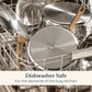 Anolon EverLast stainless steel pans with bronze handles in a dishwasher rack, showing they're dishwasher safe