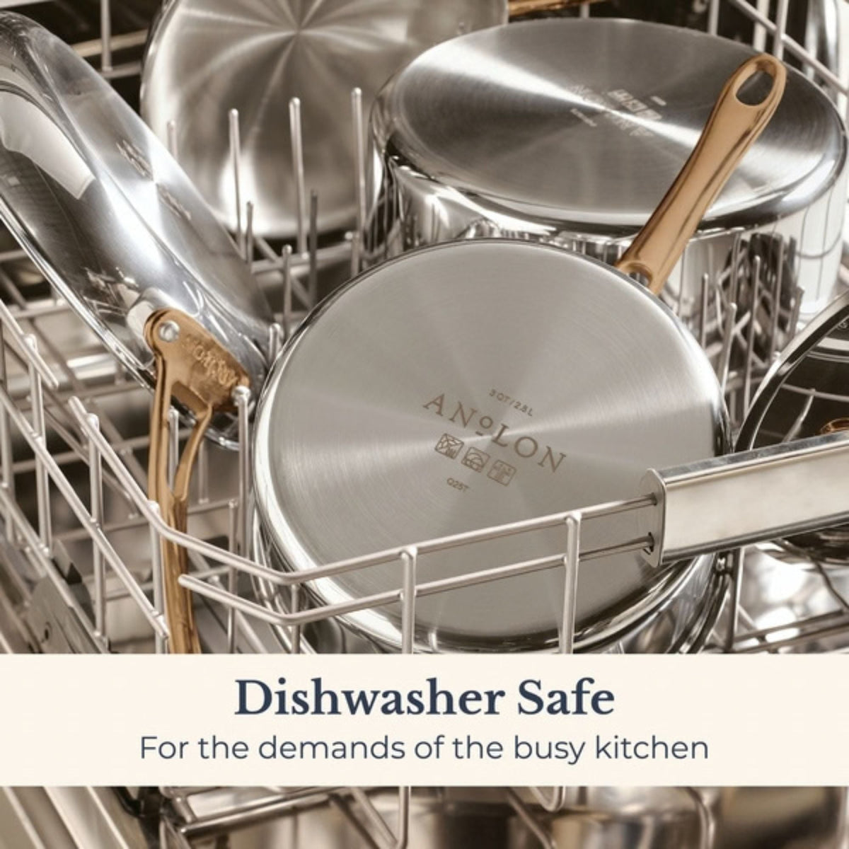 Anolon EverLast stainless steel pans with bronze handles in a dishwasher rack, showing they're dishwasher safe