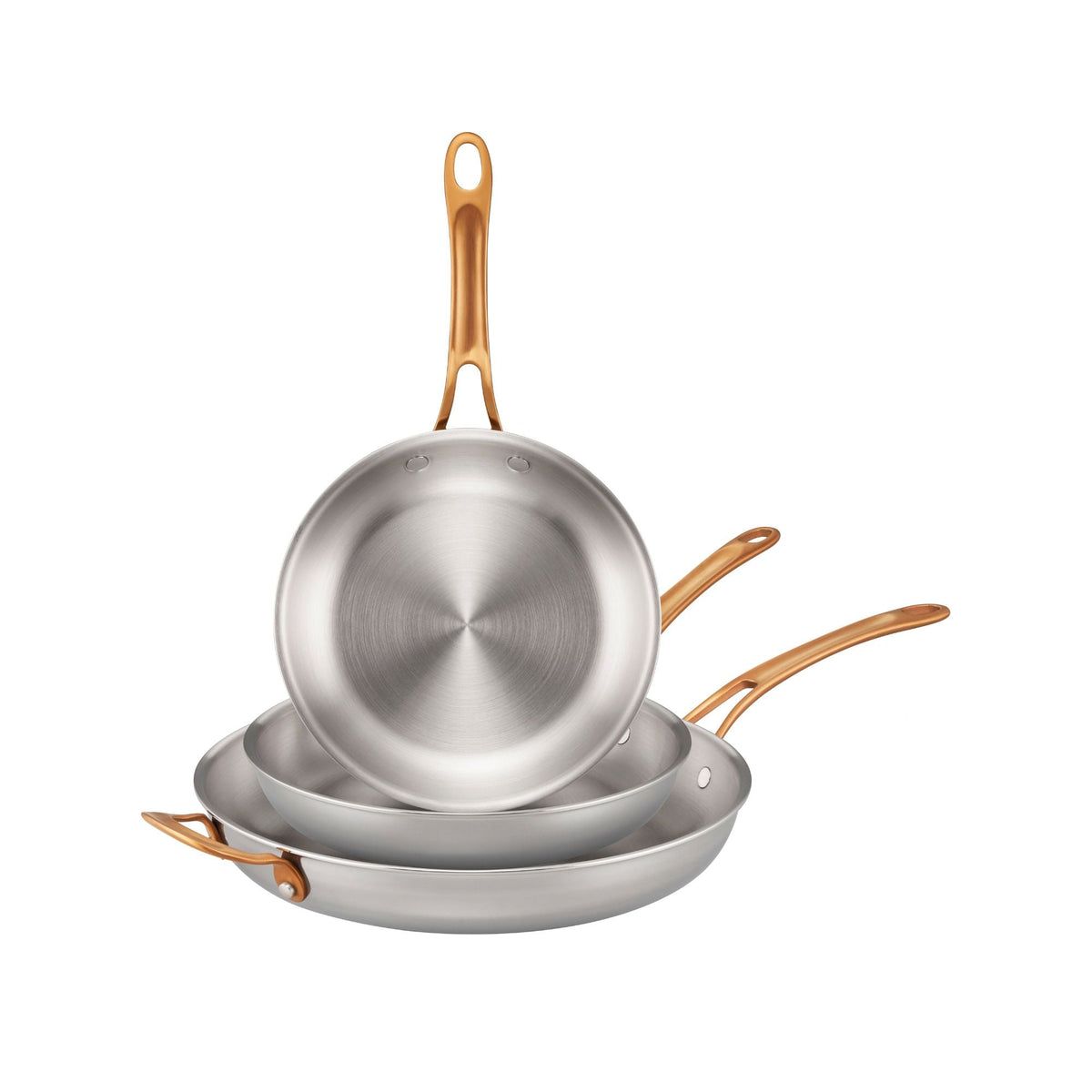 Anolon EverLast Tri-Ply Clad stainless steel 22cm, 25cm and 32cm skillets with bronze handles, stacked on a white background