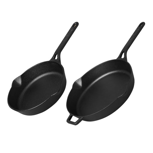 For searing, frying and everyday cooking – pre-seasoned cast iron – Meyer Pre-Seasoned Cast Iron 22/26cm Skillet Pack