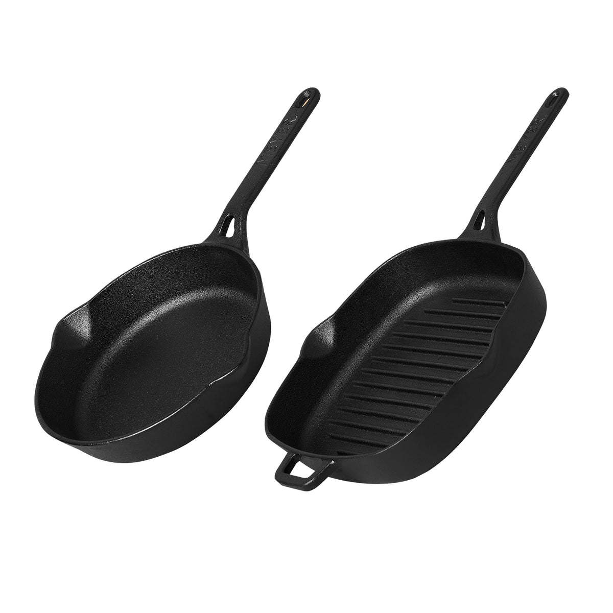 For indoor grilling and searing – pre-seasoned cast iron – Meyer Pre-Seasoned Cast Iron 22cm Skillet / 25cm Grill Pan