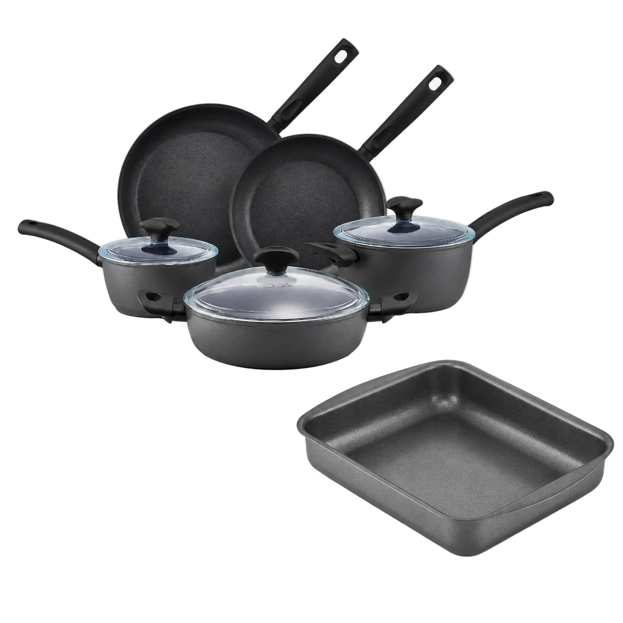 Set of black cookware including pans and a roasting pan on a white background