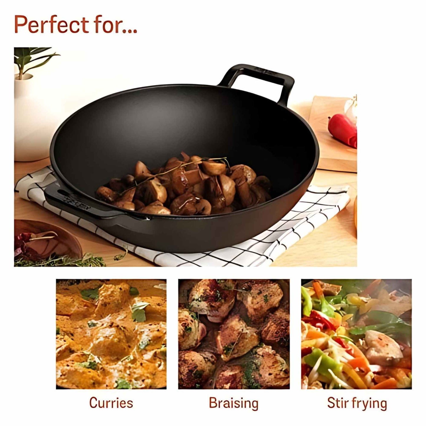 Meyer Pre-Seasoned Cast Iron Induction Wok/Kadai 30cm