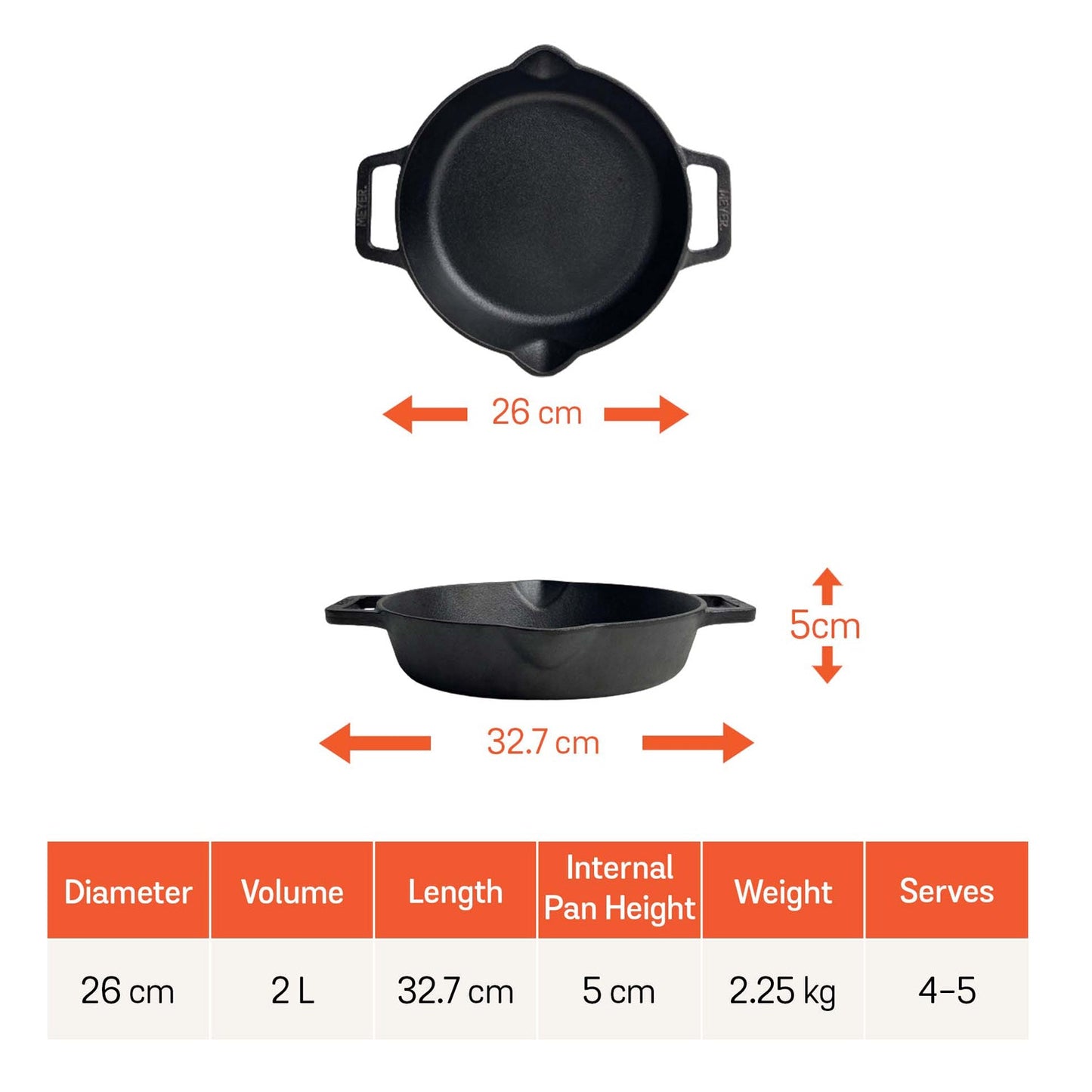 Meyer Pre-Seasoned Cast Iron Induction Double Handle Skillet 26cm