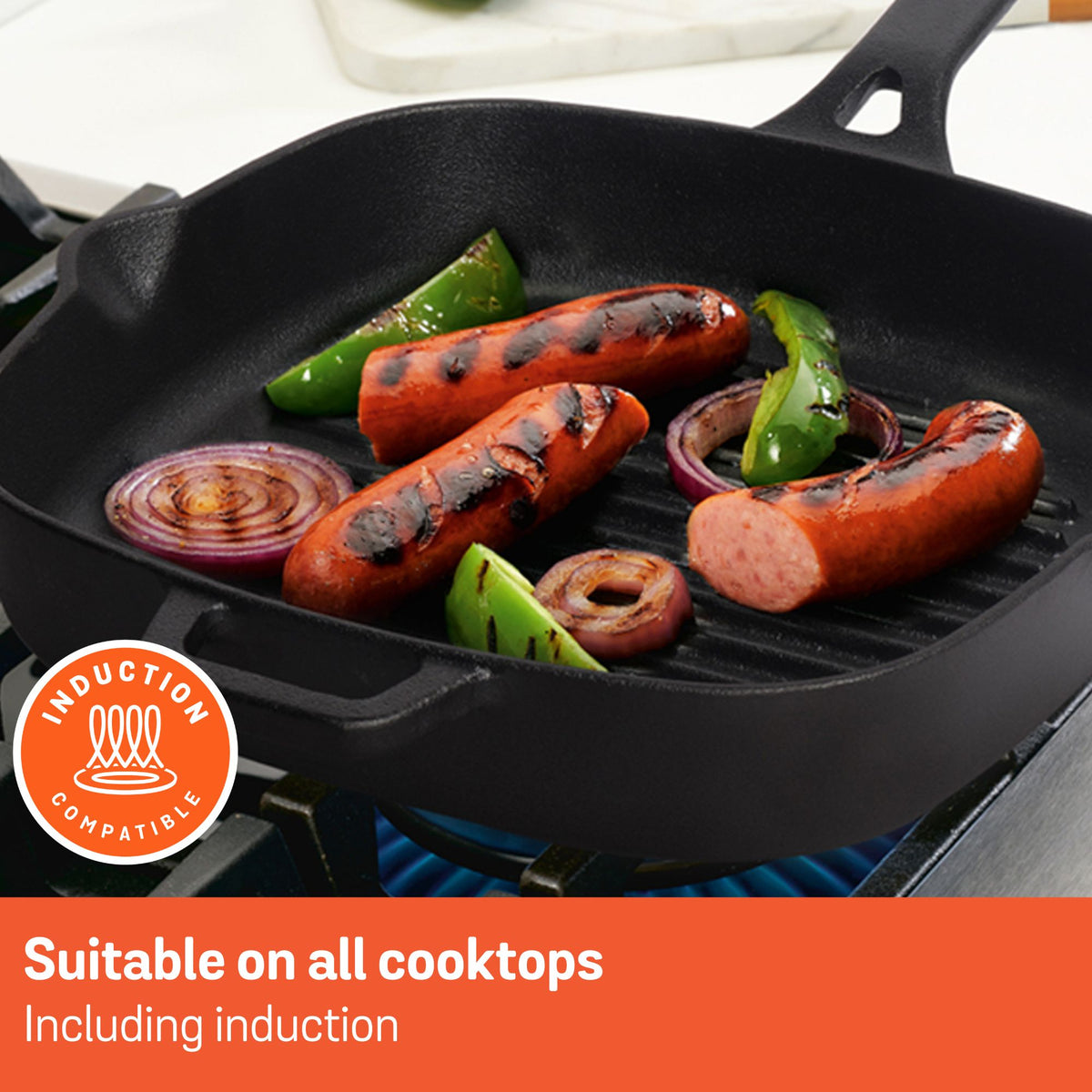 Size and scale view: For indoor grilling and searing – pre-seasoned cast iron – Meyer Pre-Seasoned Cast Iron 22cm Skillet / 25cm Grill Pan