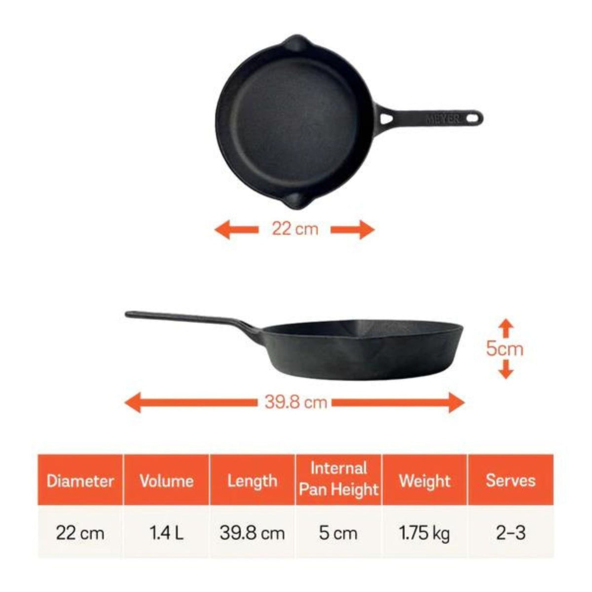 Product detail view: For indoor grilling and searing – pre-seasoned cast iron – Meyer Pre-Seasoned Cast Iron 22cm Skillet / 25cm Grill Pan