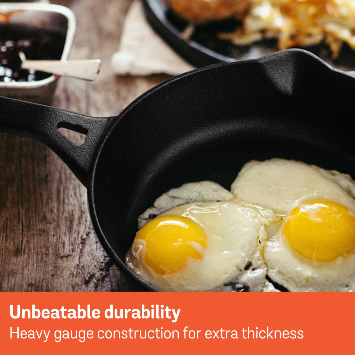 Product detail view: For indoor grilling and searing – pre-seasoned cast iron – Meyer Pre-Seasoned Cast Iron 22cm Skillet / 25cm Grill Pan