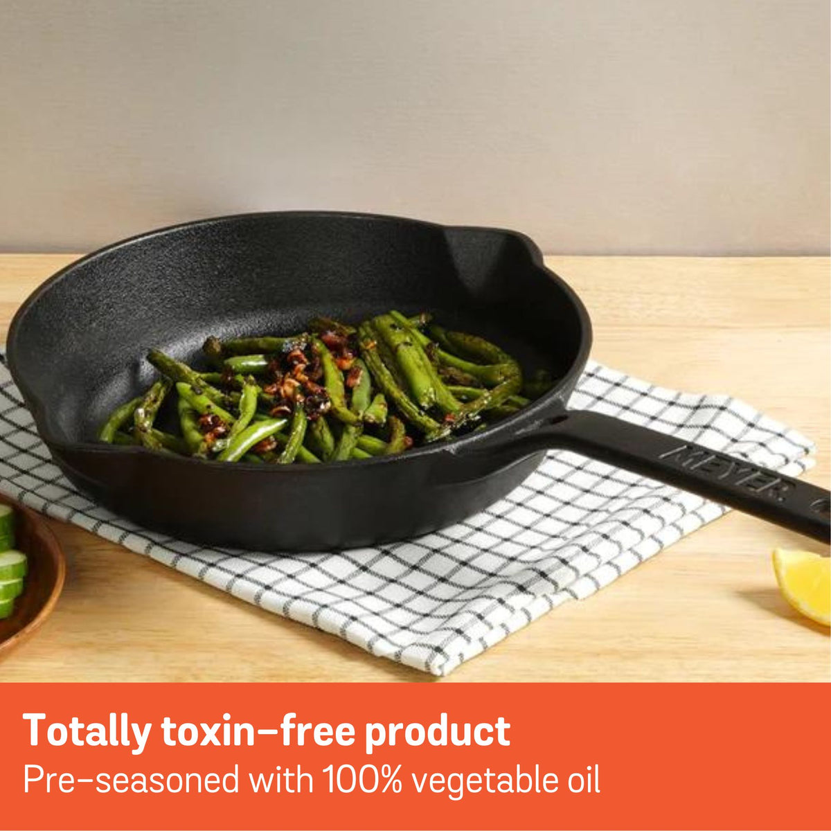 Additional angle: For indoor grilling and searing – pre-seasoned cast iron – Meyer Pre-Seasoned Cast Iron 22cm Skillet / 25cm Grill Pan