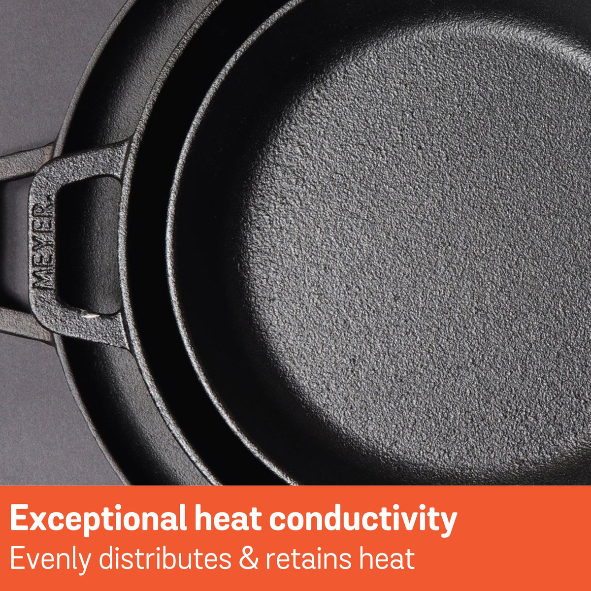 Full display view: For indoor grilling and searing – pre-seasoned cast iron – Meyer Pre-Seasoned Cast Iron 22cm Skillet / 25cm Grill Pan