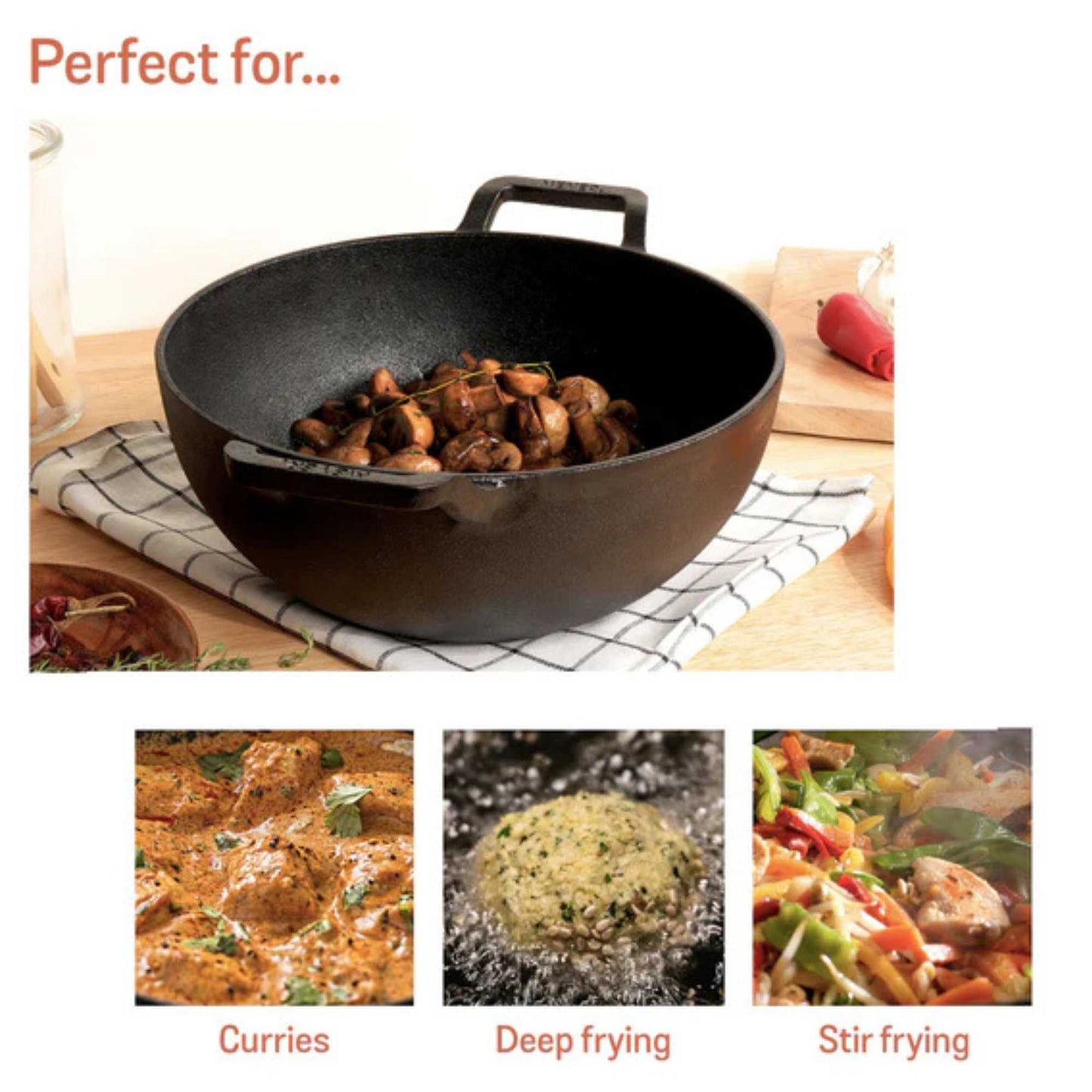 Meyer Pre-Seasoned Cast Iron Induction Wok/Kadai 24cm