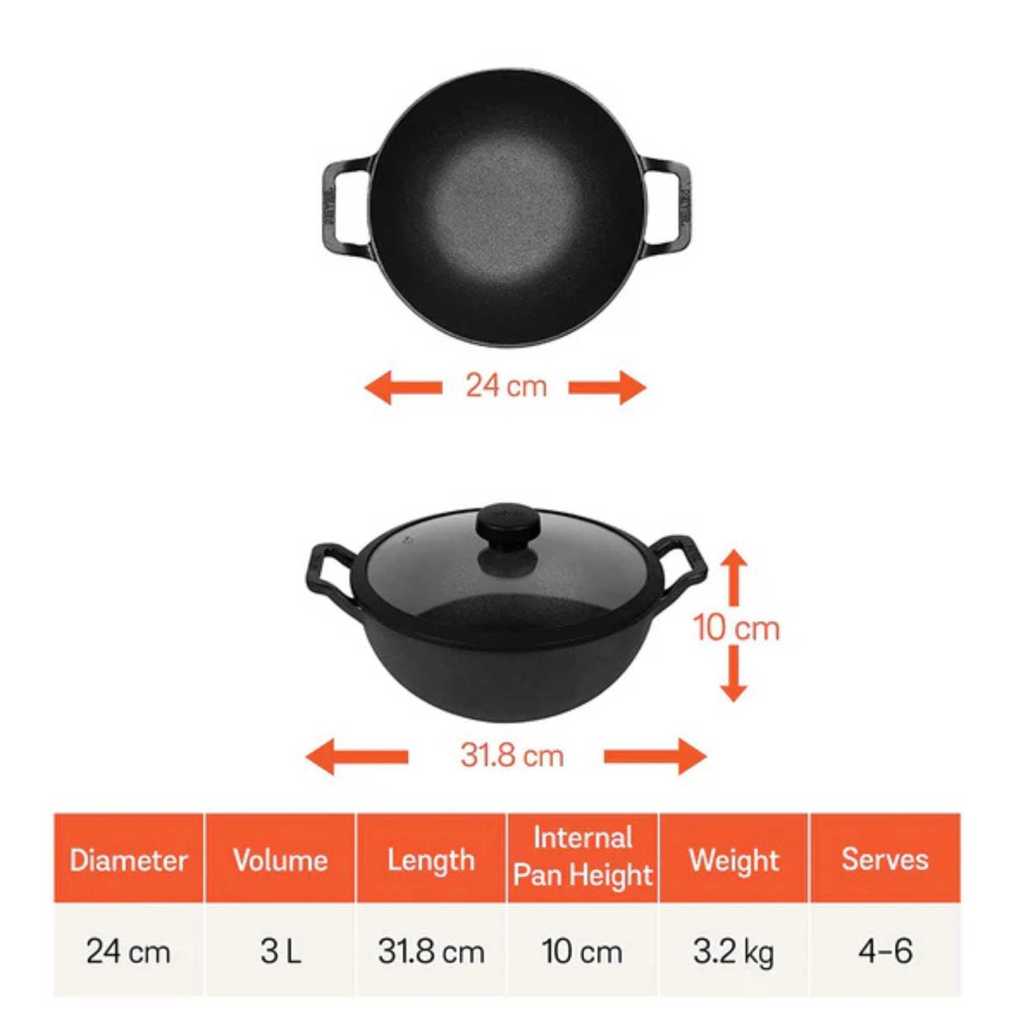 Meyer Pre-Seasoned Cast Iron Induction Wok/Kadai 24cm