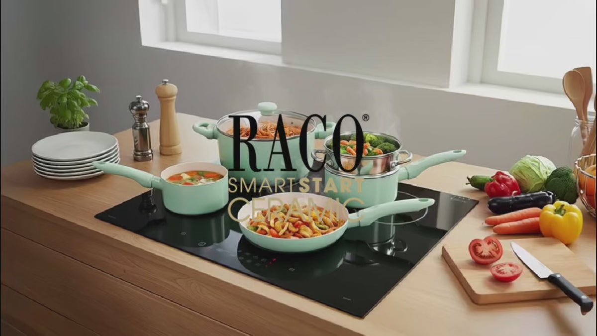 RACO SmartStart Ceramic range video – RACO SmartStart Ceramic Nonstick Induction Covered Stirfry With Helper Handle 30cm Lichen