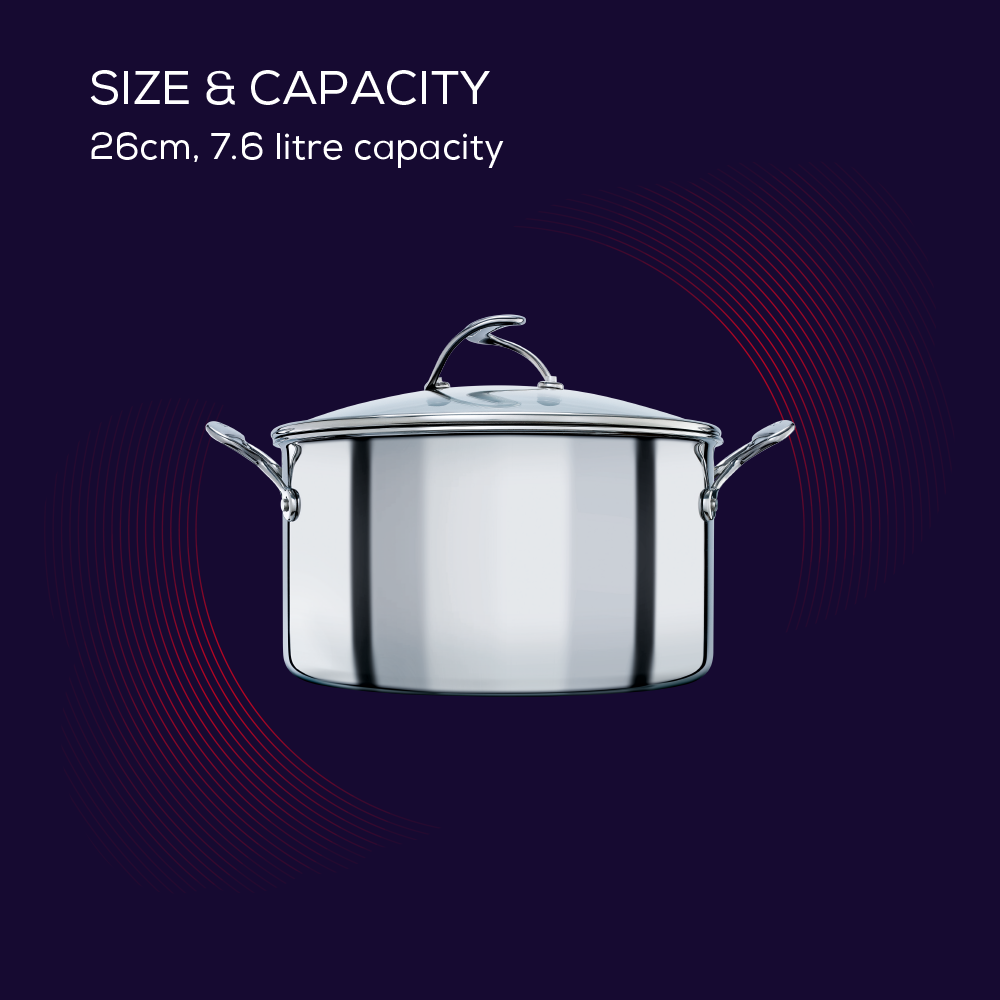 This 26cm stainless steel nonstick stockpot from SteelShield has a 7.6 litre capacity, and comes with lid and stylish stay cool handles.